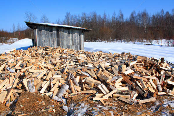 [[stock_photo]]: Bois · de · chauffage · texture · printemps · mur · paysage · maison