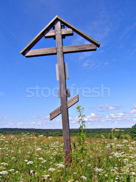 solitary cross on green field       Stock photo © basel101658