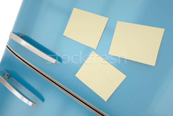 Frigorifero note adesive blu giallo primo piano rendering 3d Foto d'archivio © bayberry