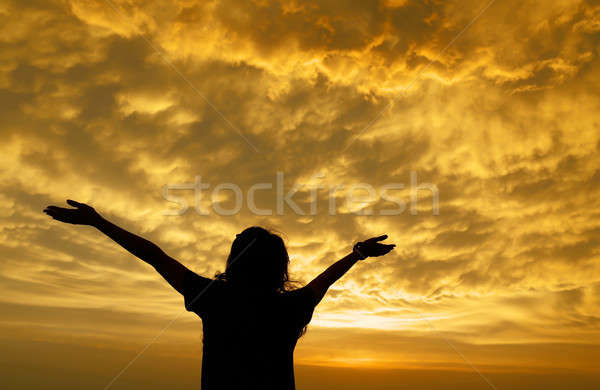 Silhouette of a girl spreading hand toward the clouds Stock photo © bdspn