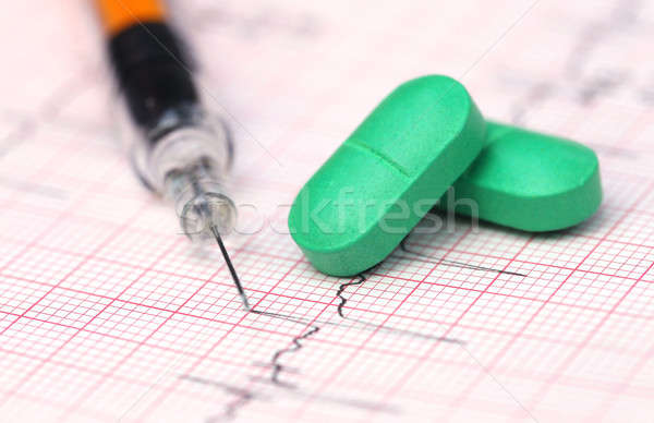 Electrocardiograph with pills and syringe Stock photo © bdspn