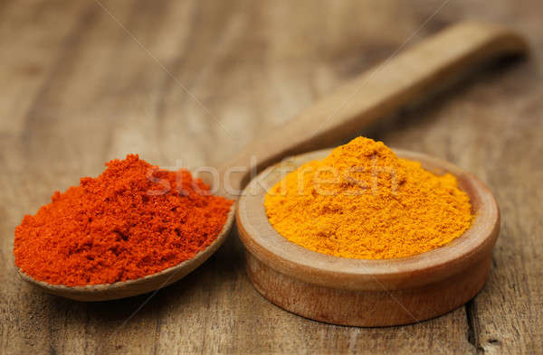 Ground turmeric and chili on wooden surface Stock photo © bdspn