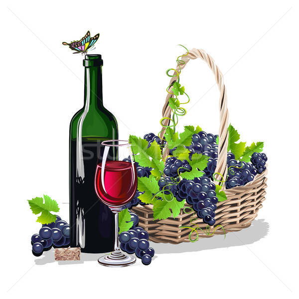 Bottiglia vino basket uve design foglia Foto d'archivio © bedlovskaya