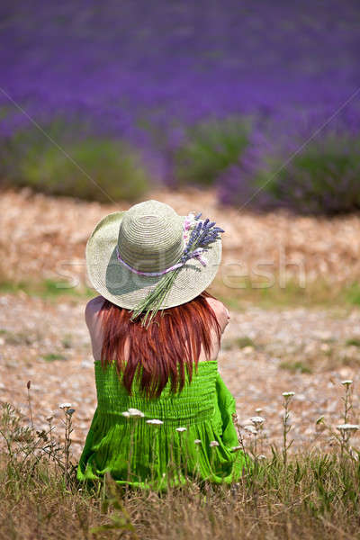 Jovem morena mulher sessão violeta campo de lavanda Foto stock © belahoche