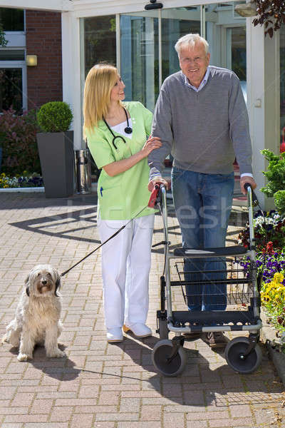 Nurse Helping Man with Walker Take Dog for Walk Stock photo © belahoche