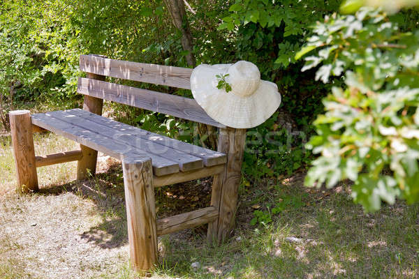 Sunhat on a wooden garden bench. Stock photo © belahoche