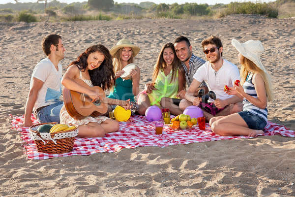 Grup fericit tineri picnic plajă agreabil Imagine de stoc © belahoche