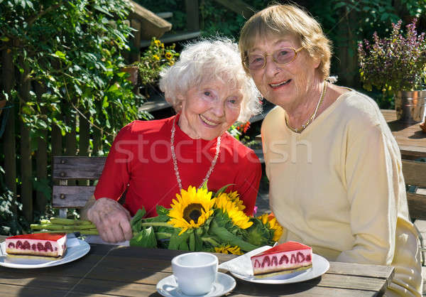 Paar glimlachend vrouwen eten taart cafe Stockfoto © belahoche