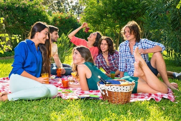 Stock photo: Small group of friends eating grapes on a blanket