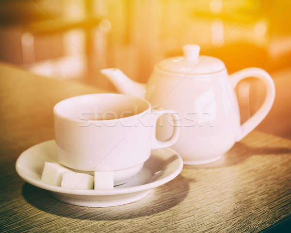 Csésze teáskanna tea asztal kávézó sekély Stock fotó © Belyaevskiy
