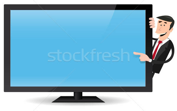 Człowiek wskazując płaski ekran telewizja ilustracja cartoon Zdjęcia stock © benchart