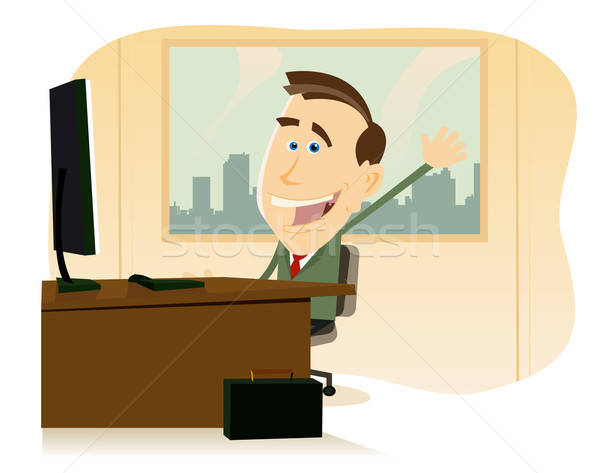 [[stock_photo]]: Retour · bureau · illustration · heureux · cartoon · affaires