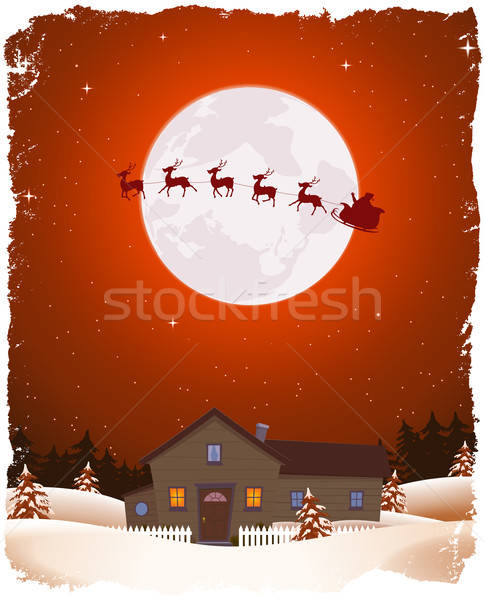 Stock photo: Christmas Red Landscape And Flying Santa