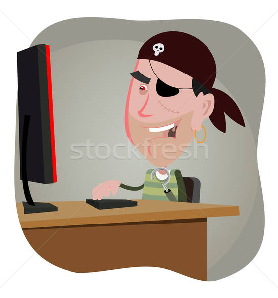 Zdjęcia stock: Cartoon · pirackich · hacker · ilustracja · komputera · człowiek