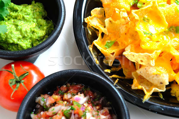 Foto stock: Nachos · topo · ver · queijo · tomates · salsa