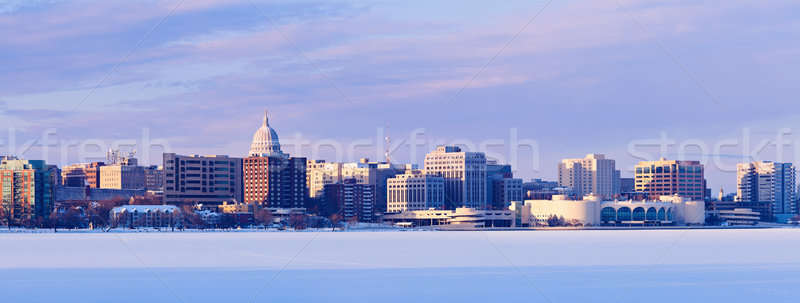 冬天 全景 威斯康星州 美國 日落 冰 商業照片 © benkrut