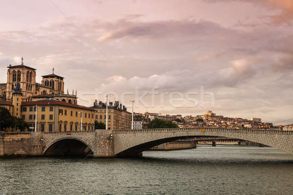 Rio Lyon céu edifício pôr do sol azul Foto stock © benkrut