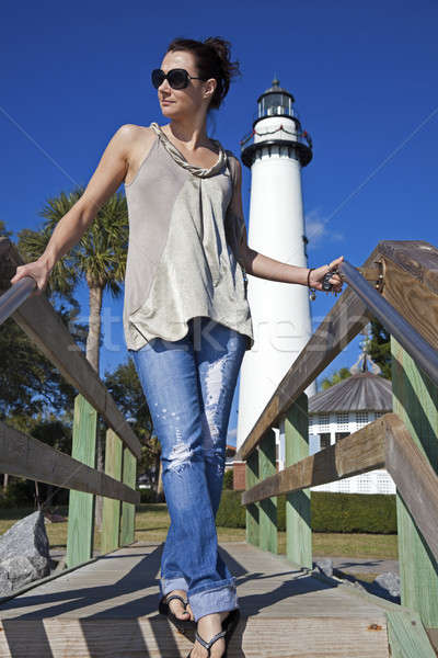 Tourist in front of Saint Simons Lighthouse Stock photo © benkrut