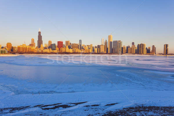 Zdjęcia stock: Zimą · panoramę · Świt · lodu · jezioro · architektury