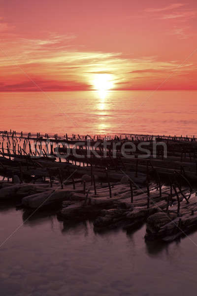 Stock foto: Schiff · zerstören · Sonnenuntergang · Felsen