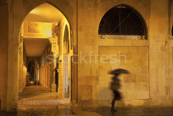 Kobieta spaceru centrum deszczowy wieczór ulicy Zdjęcia stock © benkrut
