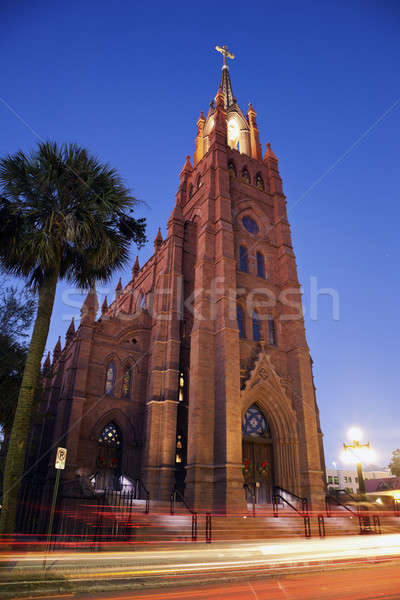 Kerk avond tijd straat gebouw Blauw Stockfoto © benkrut