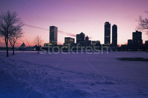 Naplemente Wisconsin tél díszlet fa épület Stock fotó © benkrut