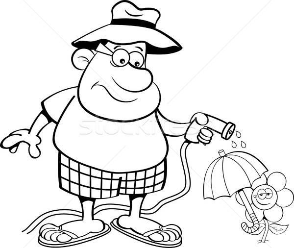 Cartoon Man Watering a Flower with a Garden Hose Stock photo © bennerdesign