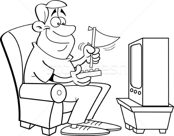 Black and white illustration of a man watching television and holding a pennant. Stock photo © bennerdesign