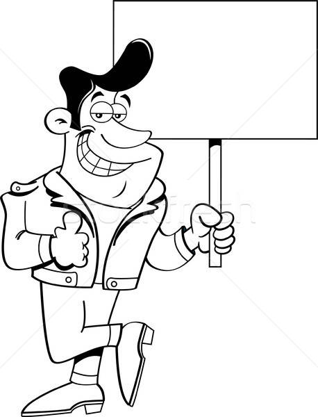 Cartoon Man Giving Thumbs Up and Holding Sign (Black & White Line Art) Stock photo © bennerdesign