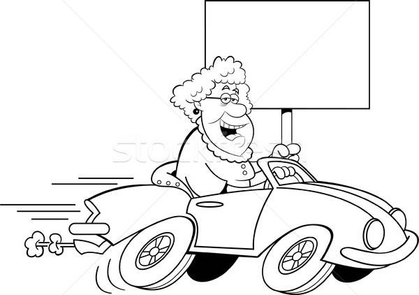 Karikatur alte Dame fahren Sportwagen halten Zeichen Stock foto © bennerdesign