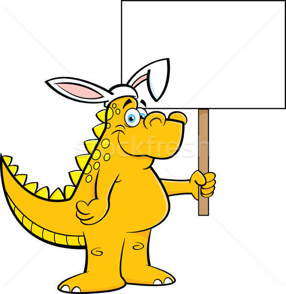 Cartoon Dinosaur Wearing Rabbit Ears and Holding a Sign Stock photo © bennerdesign