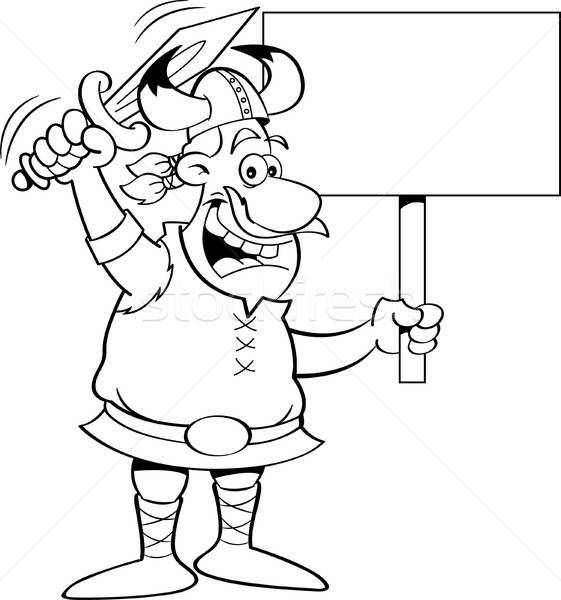 Stock photo: Cartoon Viking Waving a Sword and Holding a Sign