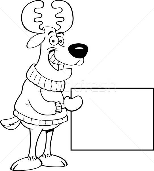 Cartoon Reindeer Holding a Sign (Black & White Line Art) Stock photo © bennerdesign