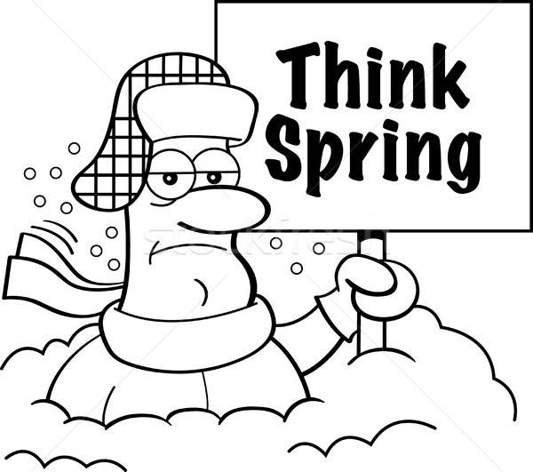 Cartoon Man Buried in Snow Holding a Think Spring Sign Stock photo © bennerdesign