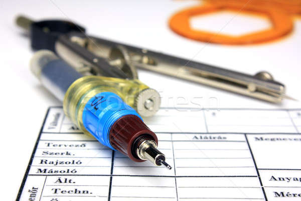 Calipers with ink close up and ruler Stock photo © berczy04