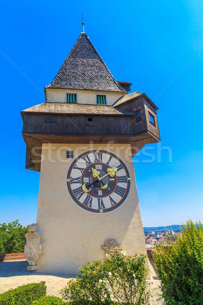 Słynny zegar wieża Graz Austria drzewo Zdjęcia stock © Bertl123