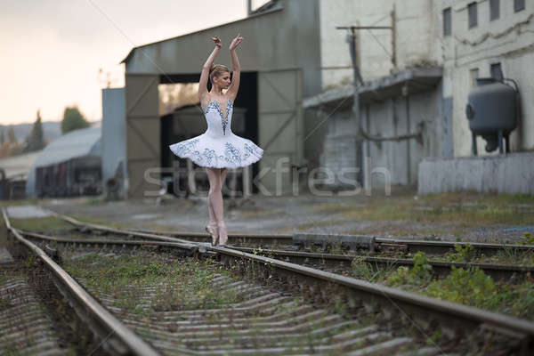 Foto stock: Bailarina · belo · jovem · posando · cruzamento · ferrovia