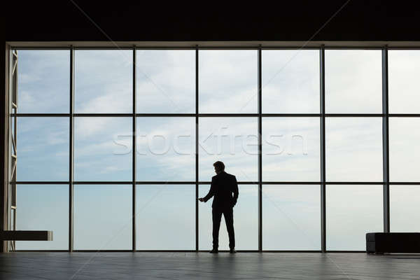 Homem de negócios terno silhueta grande janela piso Foto stock © bezikus