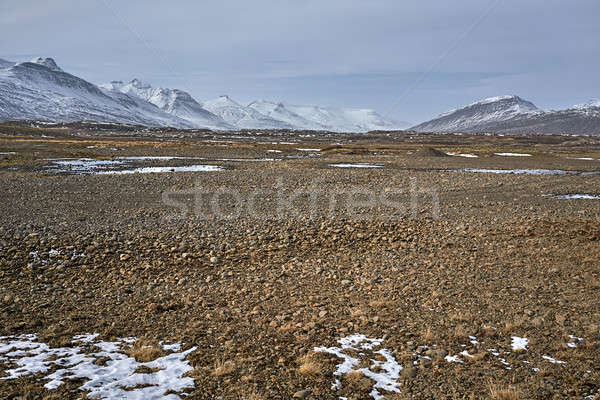 Landschaft Tal Schnee Wasser Berge bewölkt Stock foto © bezikus