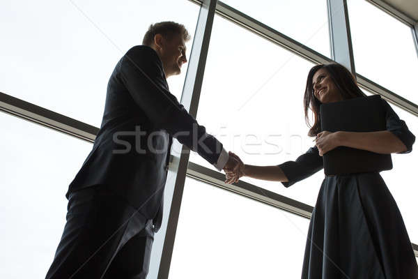 Foto stock: Homens · de · negócios · mulheres · aperto · de · mãos · sorrir · grande · panorâmico