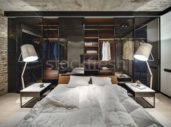 Sypialni strych stylu wnętrza murem konkretnych Zdjęcia stock © bezikus