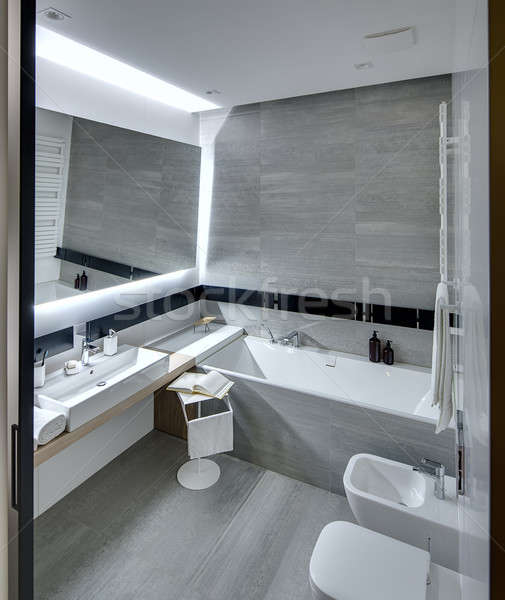 Foto stock: Estilo · moderno · banheiro · azulejos · branco · cinza · azulejos
