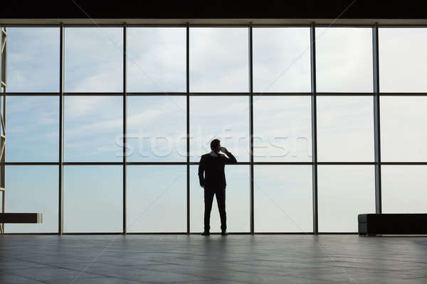 Człowiek biznesu garnitur mówić telefonu ogromny okno Zdjęcia stock © bezikus
