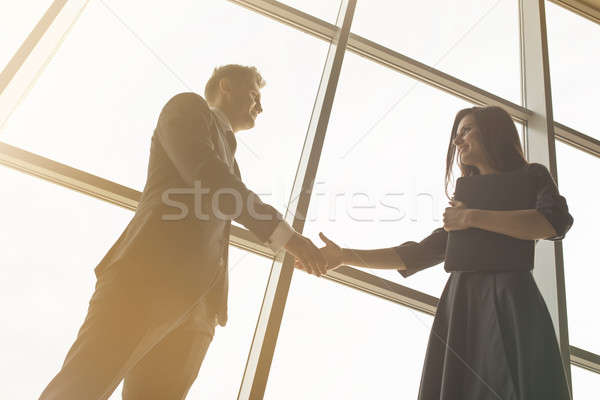 Hombres de negocios mujeres apretón de manos sonrisa grande panorámica Foto stock © bezikus