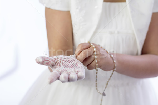 [[stock_photo]]: Jeune · fille · pansement · première · communion · chapelet · gants · première