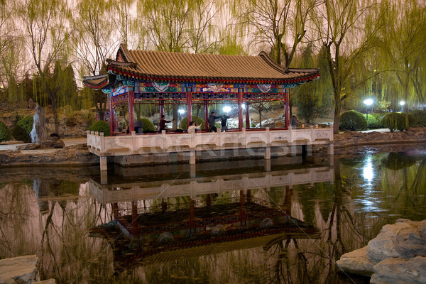 Park oefenen tai chi tempel zon vijver Stockfoto © billperry