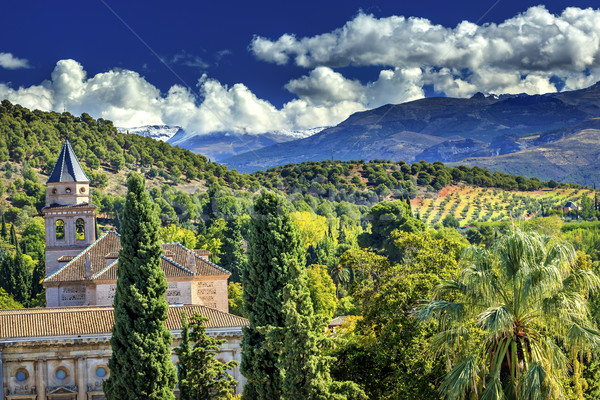 Stock photo: Alhambra Church Castle Towers Farm Mountains Granada Andalusia S