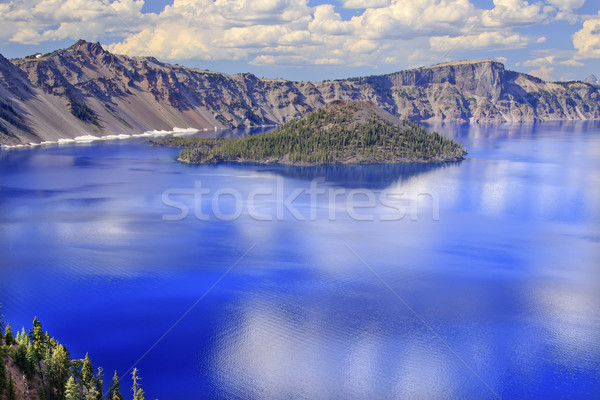 Crater Lake Reflection Wizard Island Clouds Blue Sky Oregon Stock photo © billperry