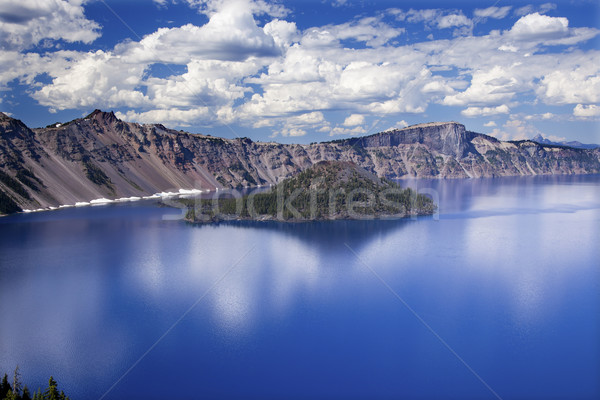 Wizard Island Crater Lake Reflection Clouds Blue Sky Oregon Stock photo © billperry